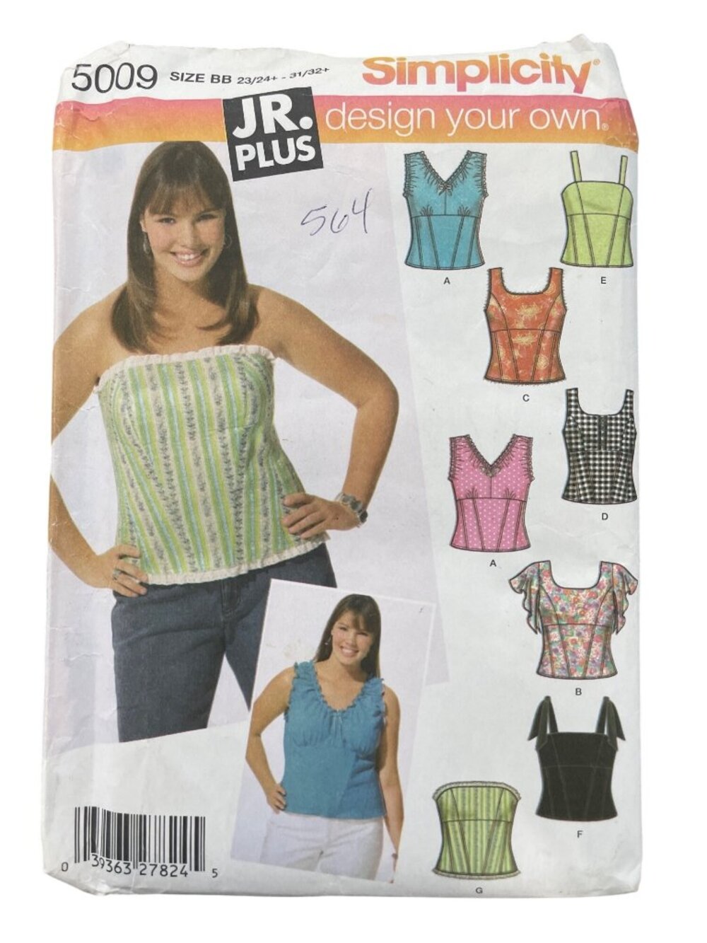 Simplicity 5009 Sewing Pattern Junior Plus Corset Tops Sizes 23/24+-31/32+ CUT
